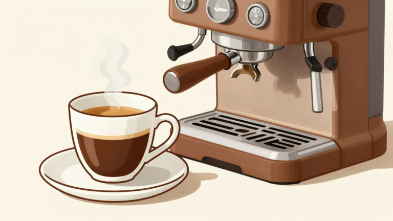 Ilustración minimalista de una taza de espresso junto a un portafiltros, en tonos cálidos marrón y crema