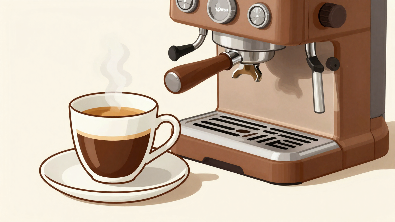 Ilustración minimalista de una taza de espresso junto a un portafiltros, en tonos cálidos marrón y crema