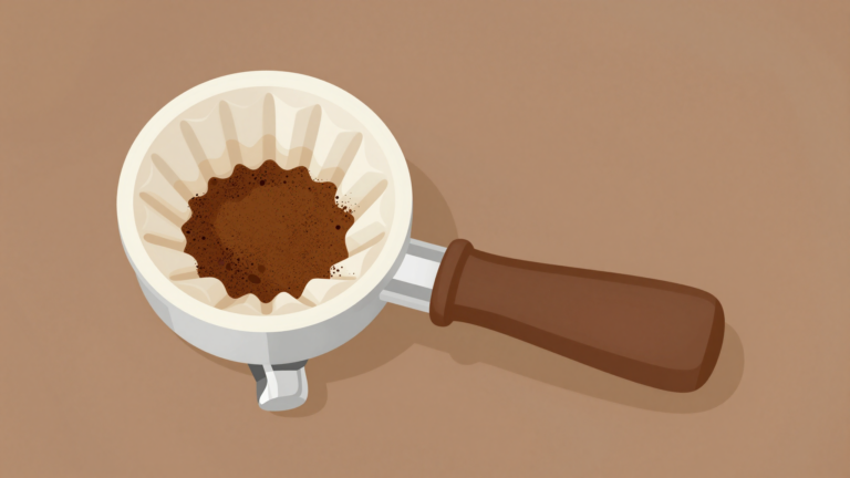 Ilustración minimalista de un portafiltros visto desde arriba con la pastilla de café nivelada dentro