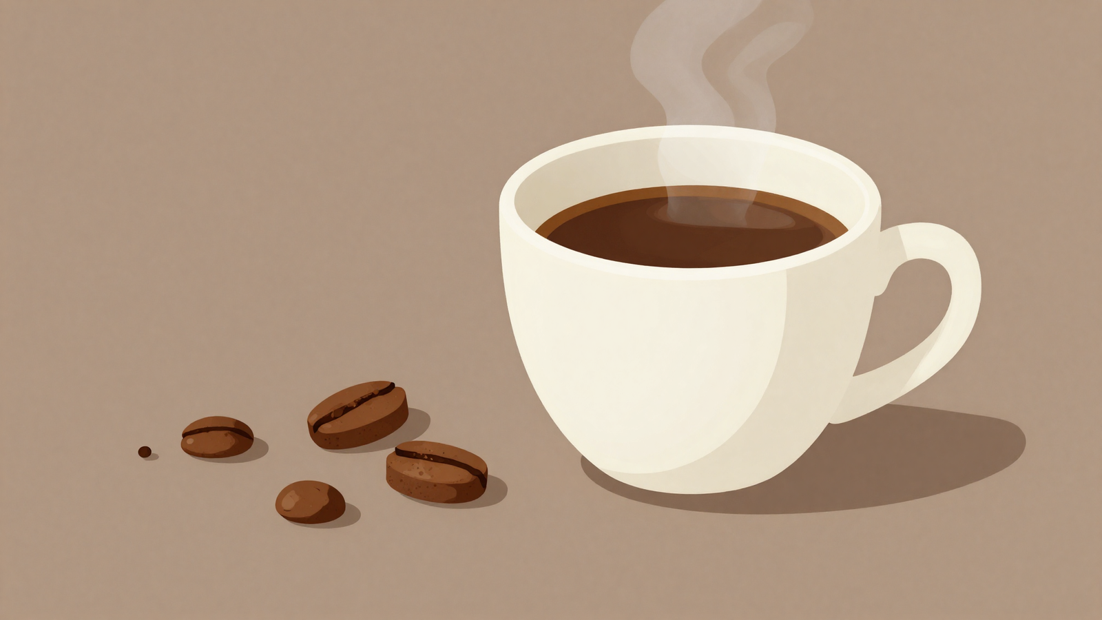 Ilustración minimalista de una taza de espresso junto a granos de café, en tonos cálidos marrón y crema