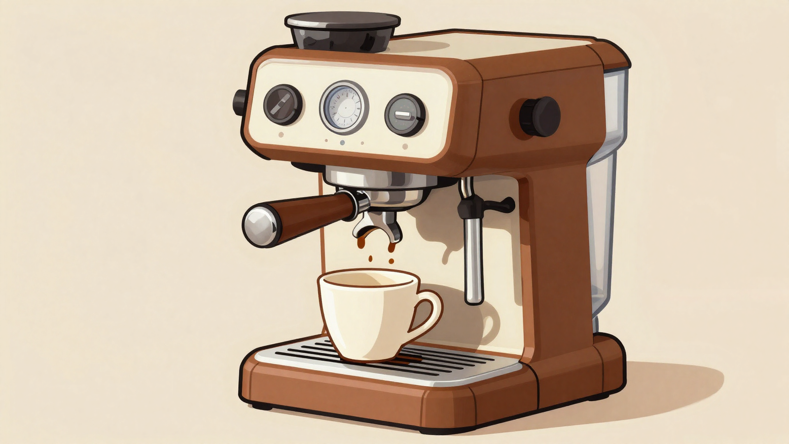 Ilustración minimalista de una máquina de espresso doméstica extrayendo café en una taza
