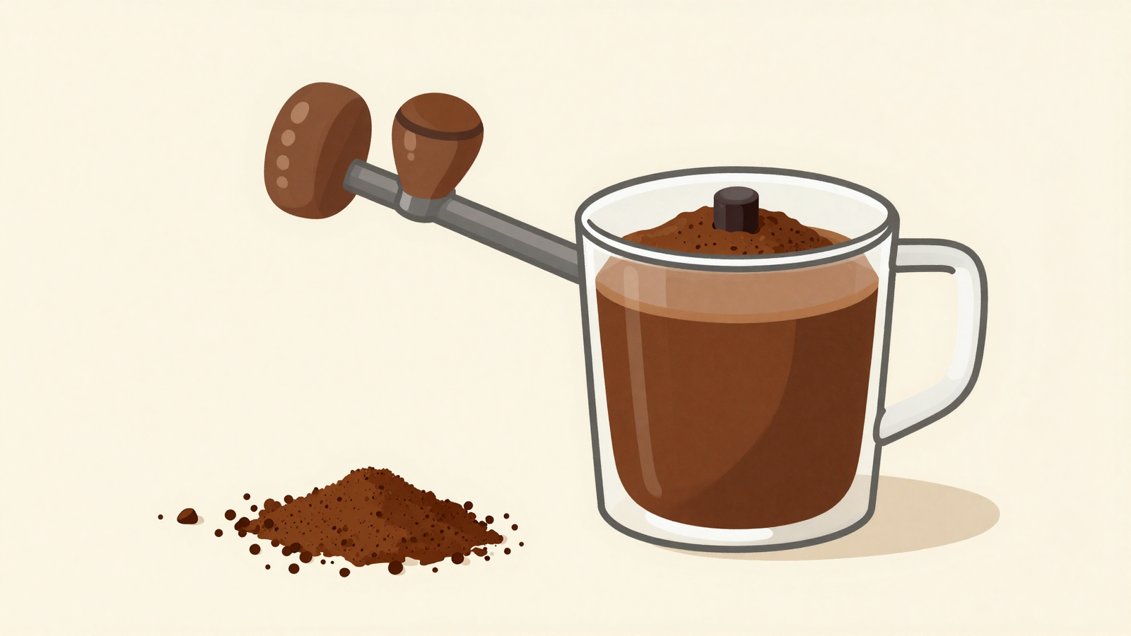 Ilustración minimalista de un molinillo de café con granos y café molido fino