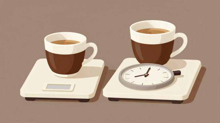 Ilustración minimalista de una báscula de cocina con una taza de espresso encima y un cronómetro al lado
