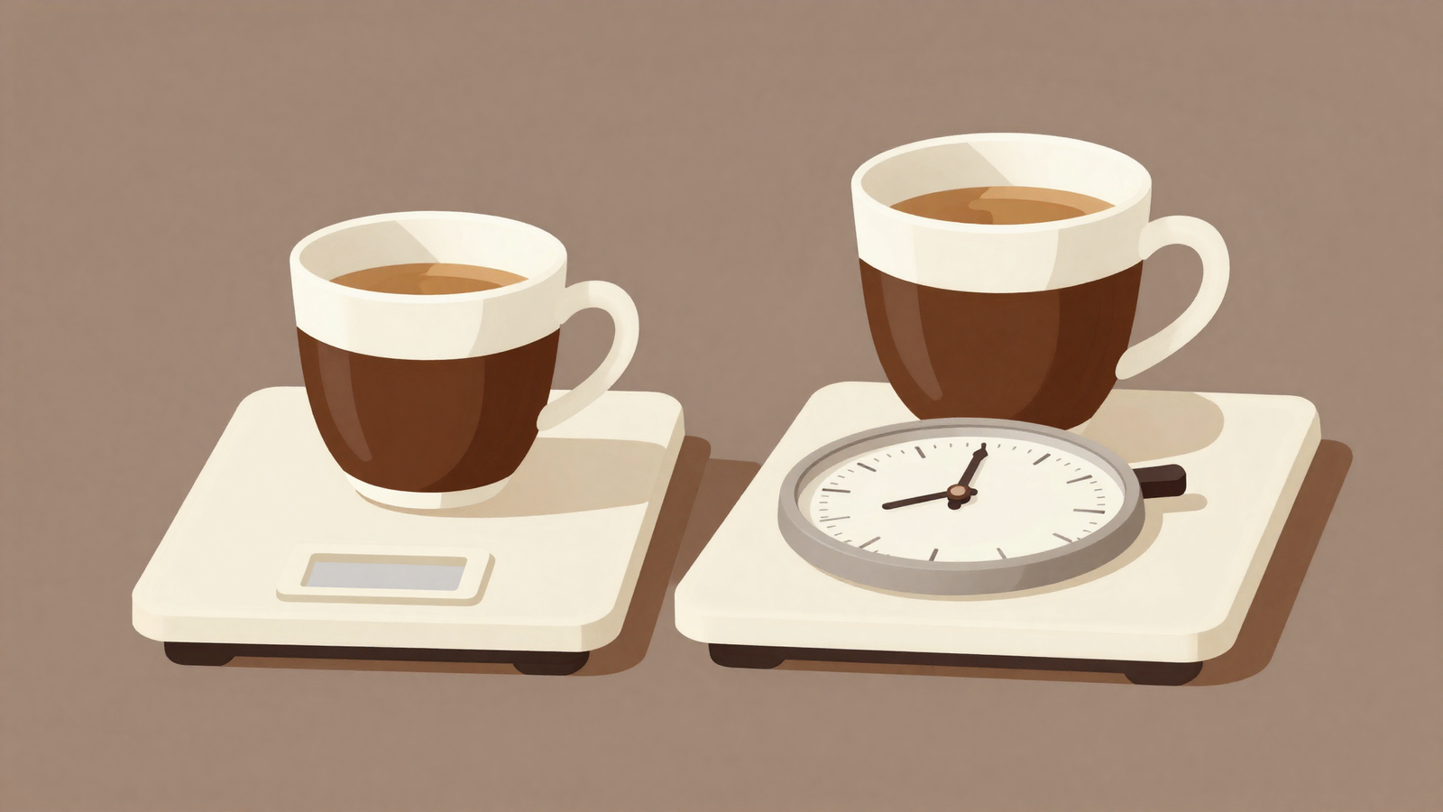 Ilustración minimalista de una báscula de cocina con una taza de espresso encima y un cronómetro al lado