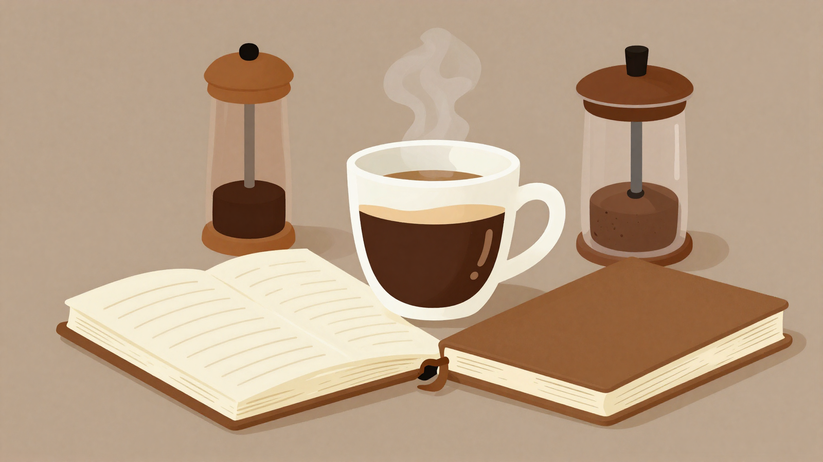 Ilustración minimalista de una taza de espresso junto a un cuaderno de notas y un molinillo