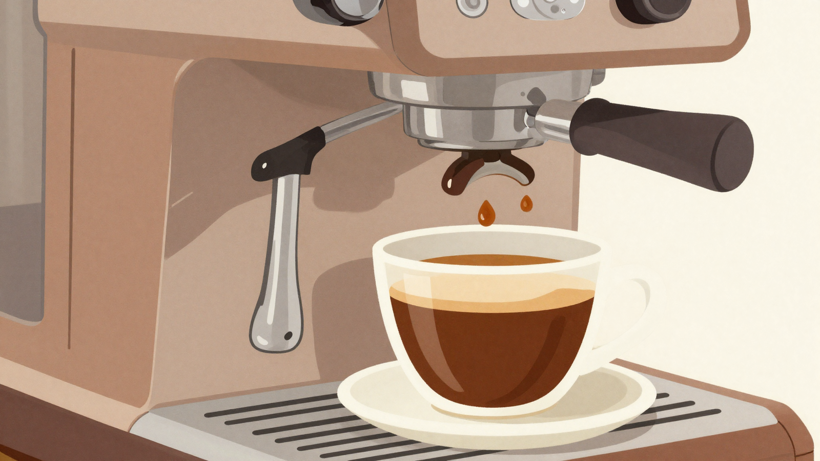 Ilustración minimalista de un portafiltros goteando lentamente unas gotas de café en una taza