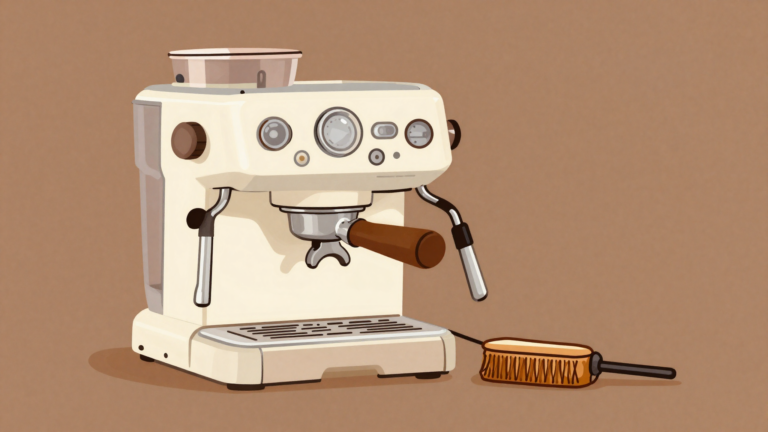 Ilustración minimalista del grupo de una máquina de espresso con un portafiltros y un cepillo de limpieza