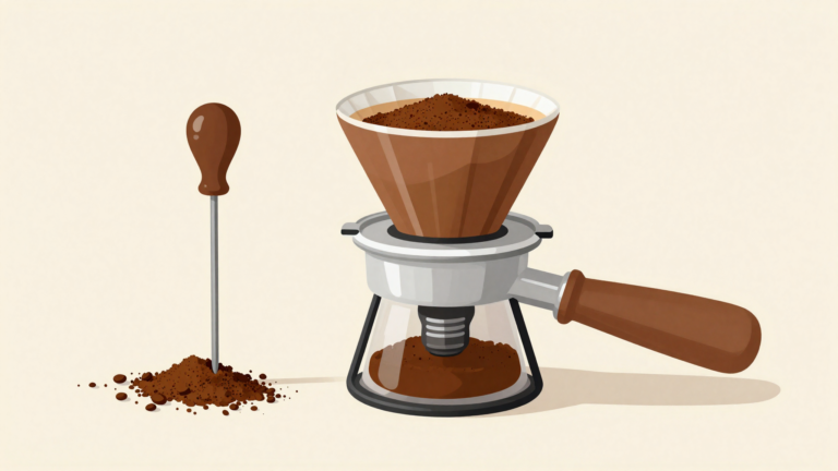 Ilustración minimalista de un portafiltros con café molido nivelado y una herramienta de agujas de distribución