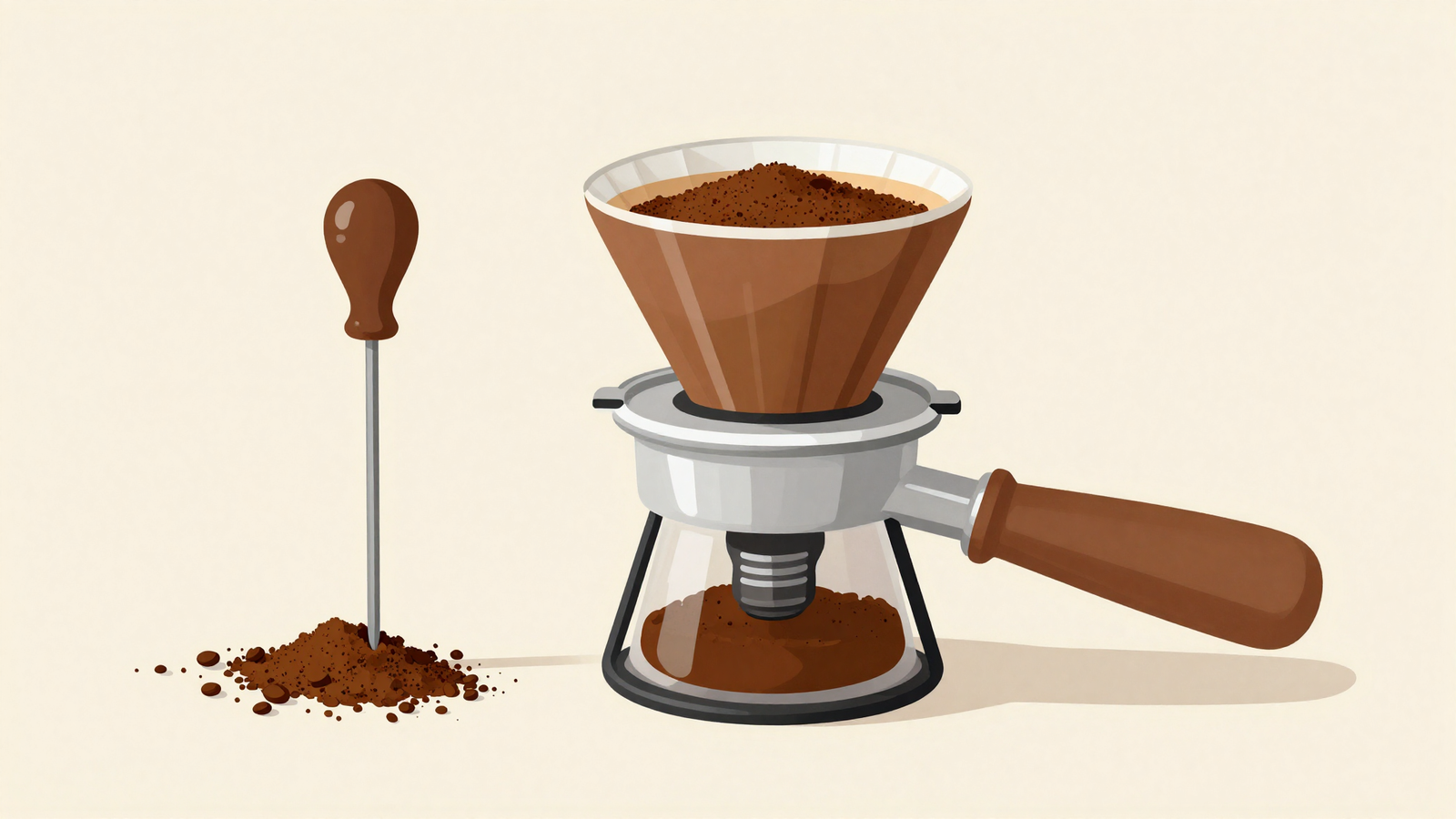 Ilustración minimalista de un portafiltros con café molido nivelado y una herramienta de agujas de distribución