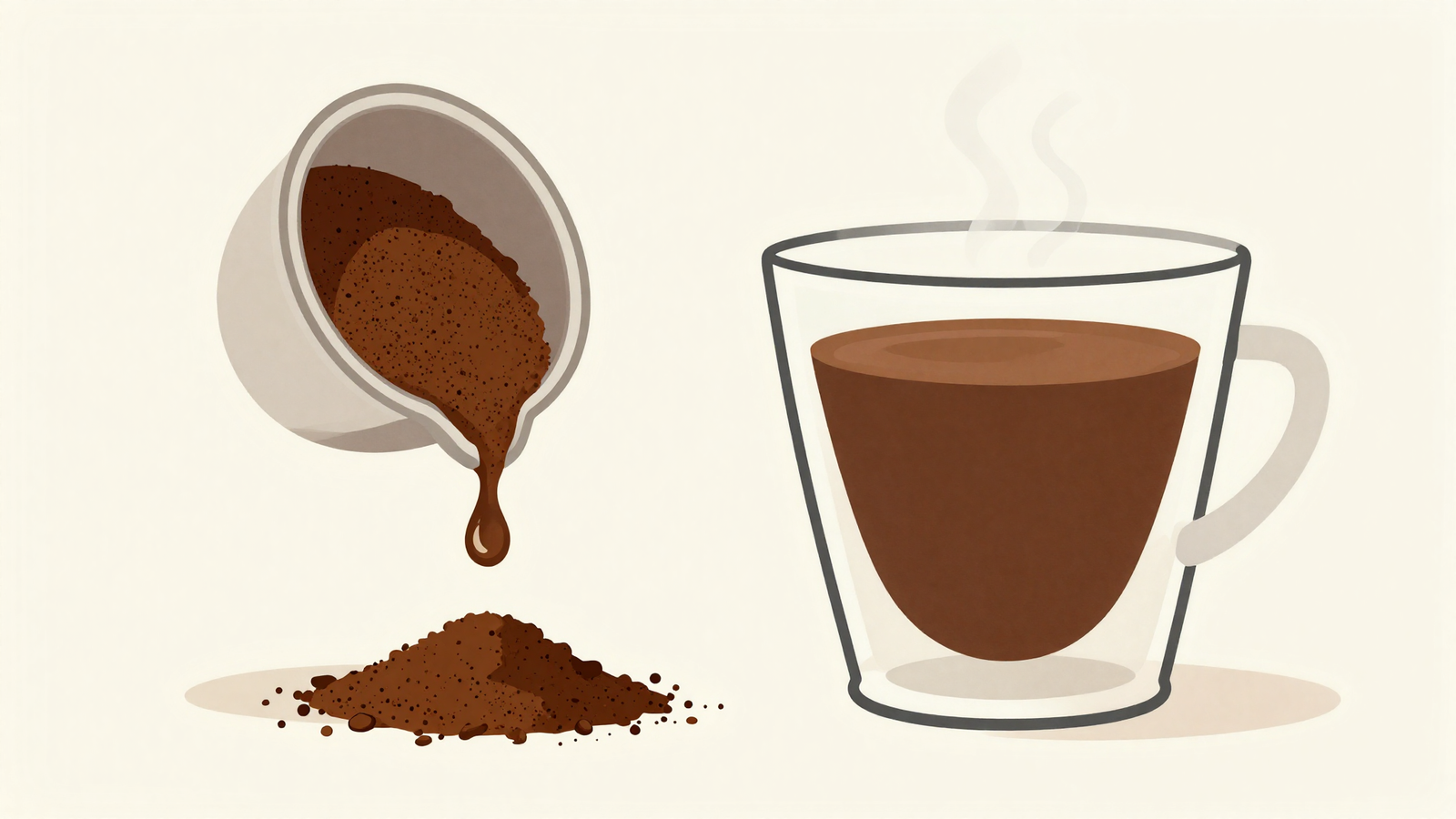 Ilustración minimalista de agua cayendo sobre un lecho de café molido en la cesta de un portafiltros