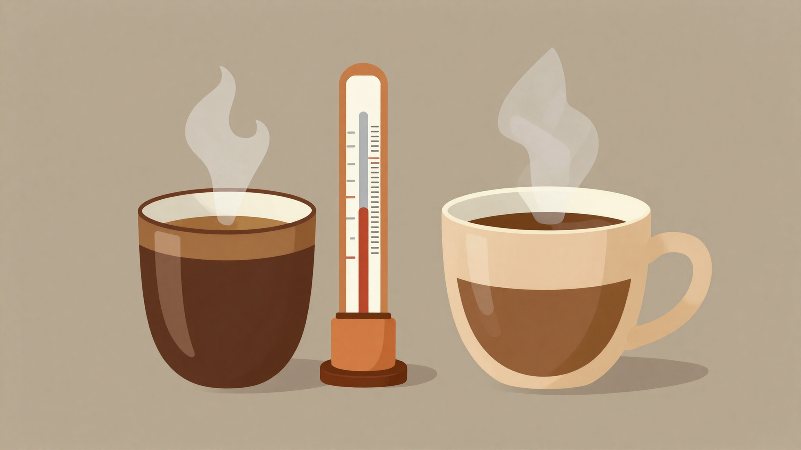 Ilustración minimalista de una taza de espresso humeante junto a un termómetro de cocina