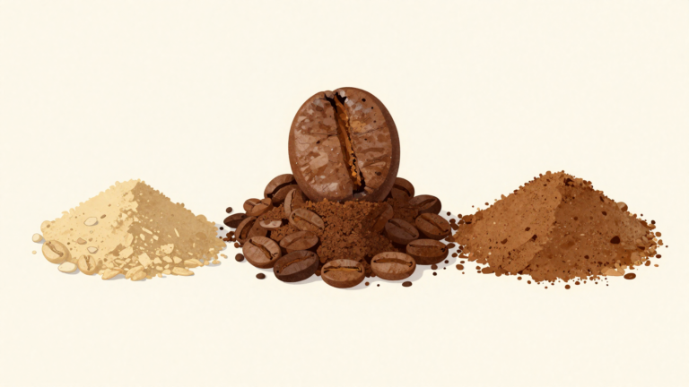 Ilustración minimalista de tres montoncitos de granos de café de distinto nivel de tueste, del claro al oscuro