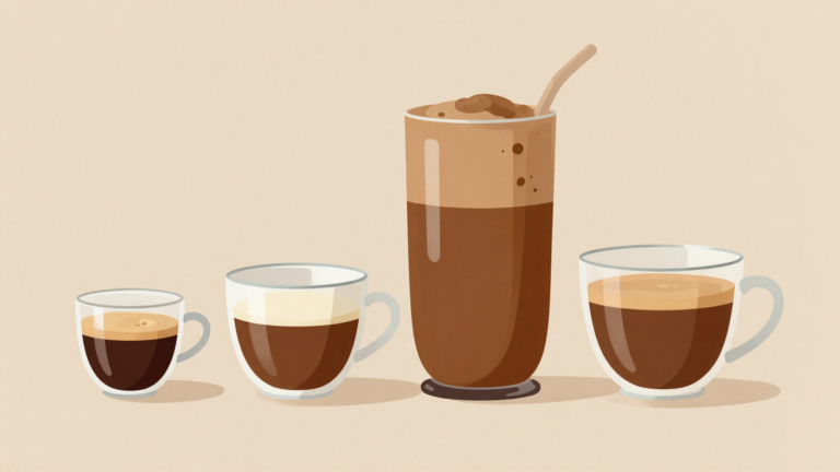 Ilustración minimalista de una fila de cuatro tazas de café de distinto tamaño, de un espresso corto a uno largo