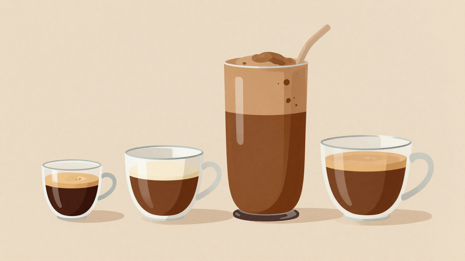 Ilustración minimalista de una fila de cuatro tazas de café de distinto tamaño, de un espresso corto a uno largo
